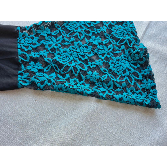 Black and Teal Floral Pattern Lace Embroidered Mini Dress Bell Sleeve Small NWT - Picture 7 of 12